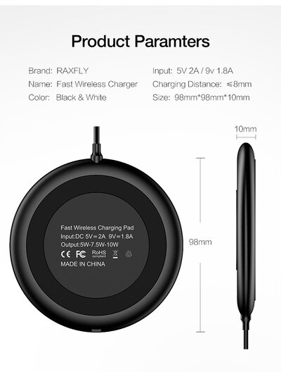 RAXFLY Qi Wireless Fast Charger 10W (IPX5) Black